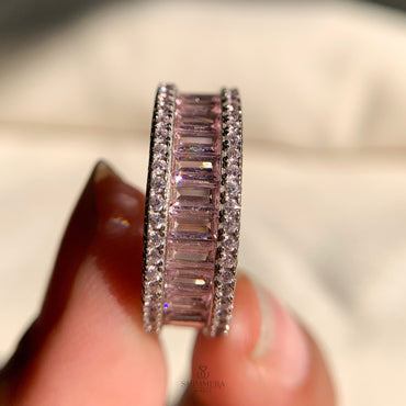 Thin white gold wedding ring with pastel pink baguette stones for women