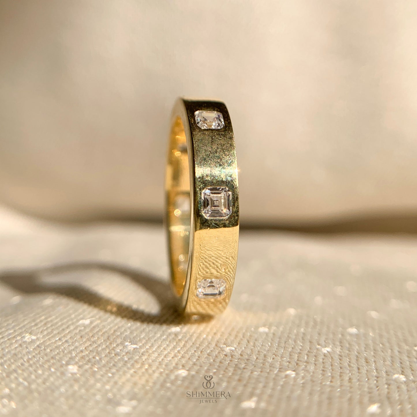 "Asscher cut lab grown diamond eternity band with sparkling design"