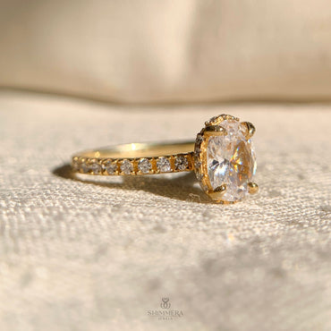 10k Hidden Halo Oval Engagement Ring with Side Stones