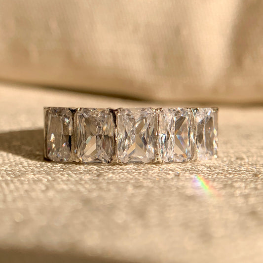 "Emerald cut scalloped half eternity band in 14k gold for women"