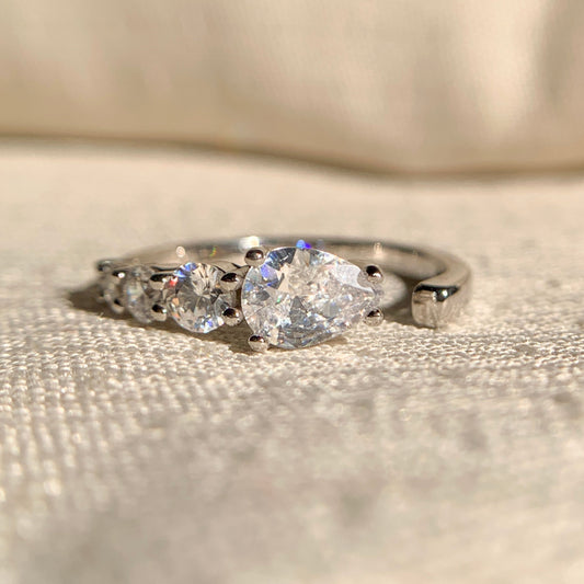 Pear and round lab grown diamond open cuff ring in sterling silver