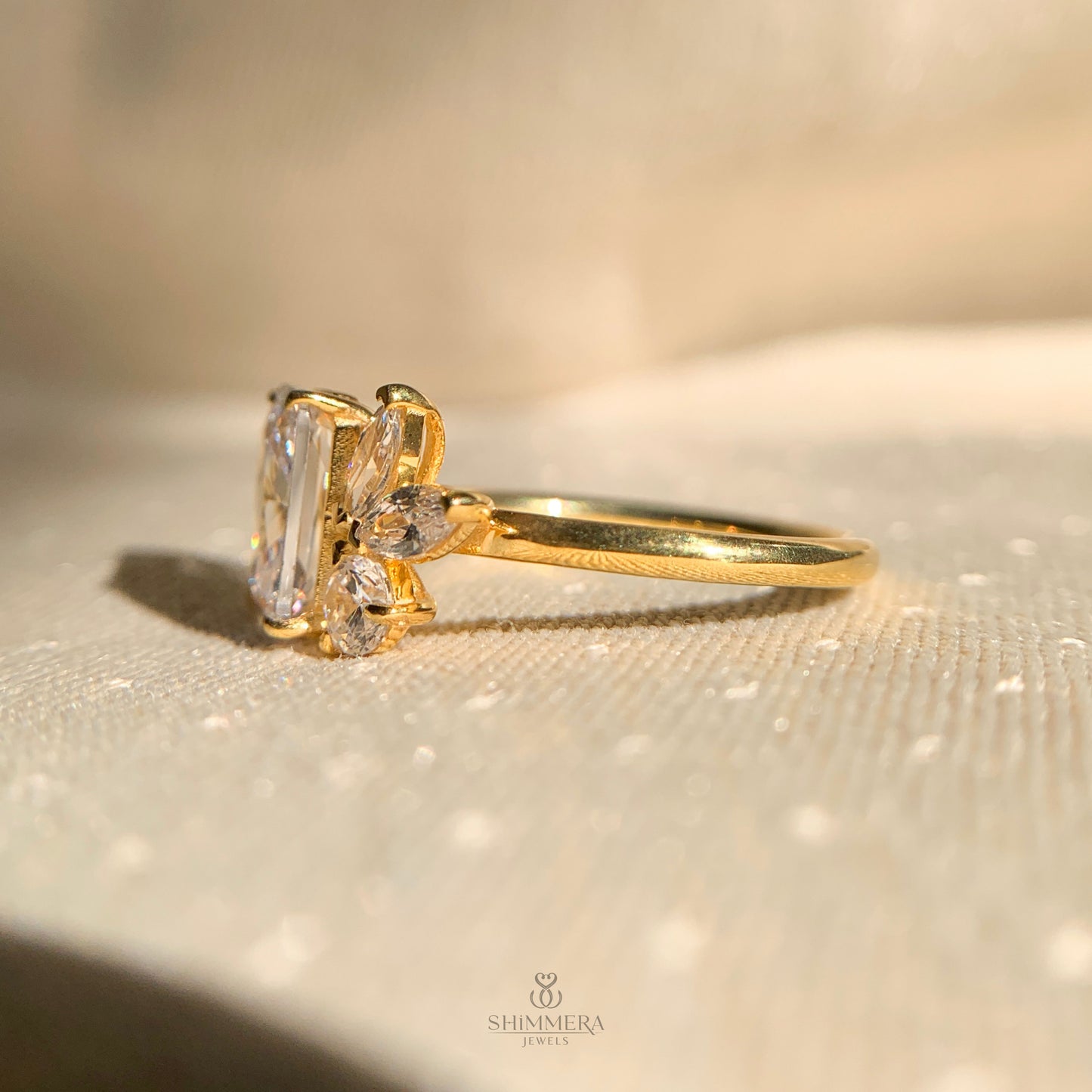 Minimalist emerald cut moissanite engagement ring in platinum finish