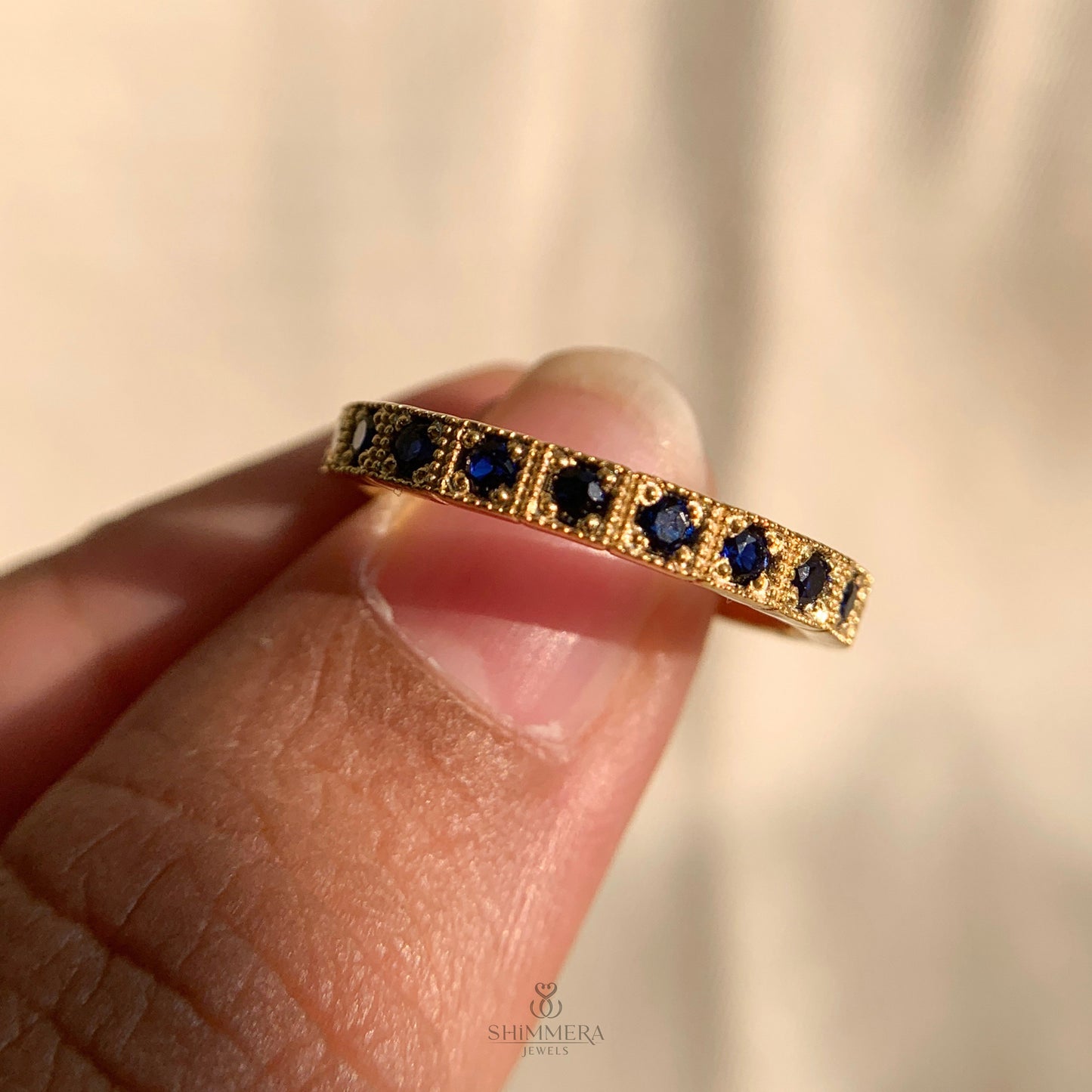 Blue Sapphire Gemstone Milgrain Channel Set Wedding Band