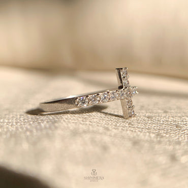 Elegant diamond cross ring in sterling silver for women
