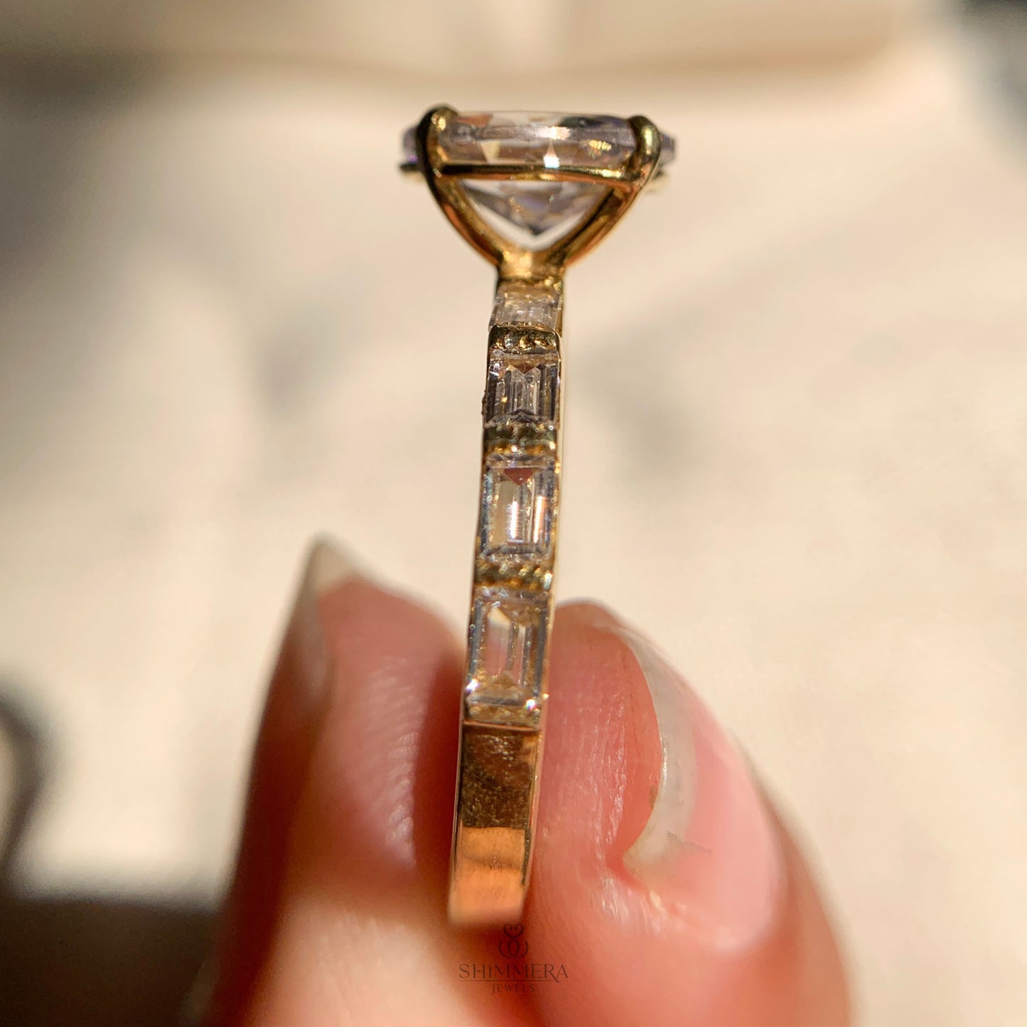 Dainty oval cut moissanite engagement ring with diamond side accents