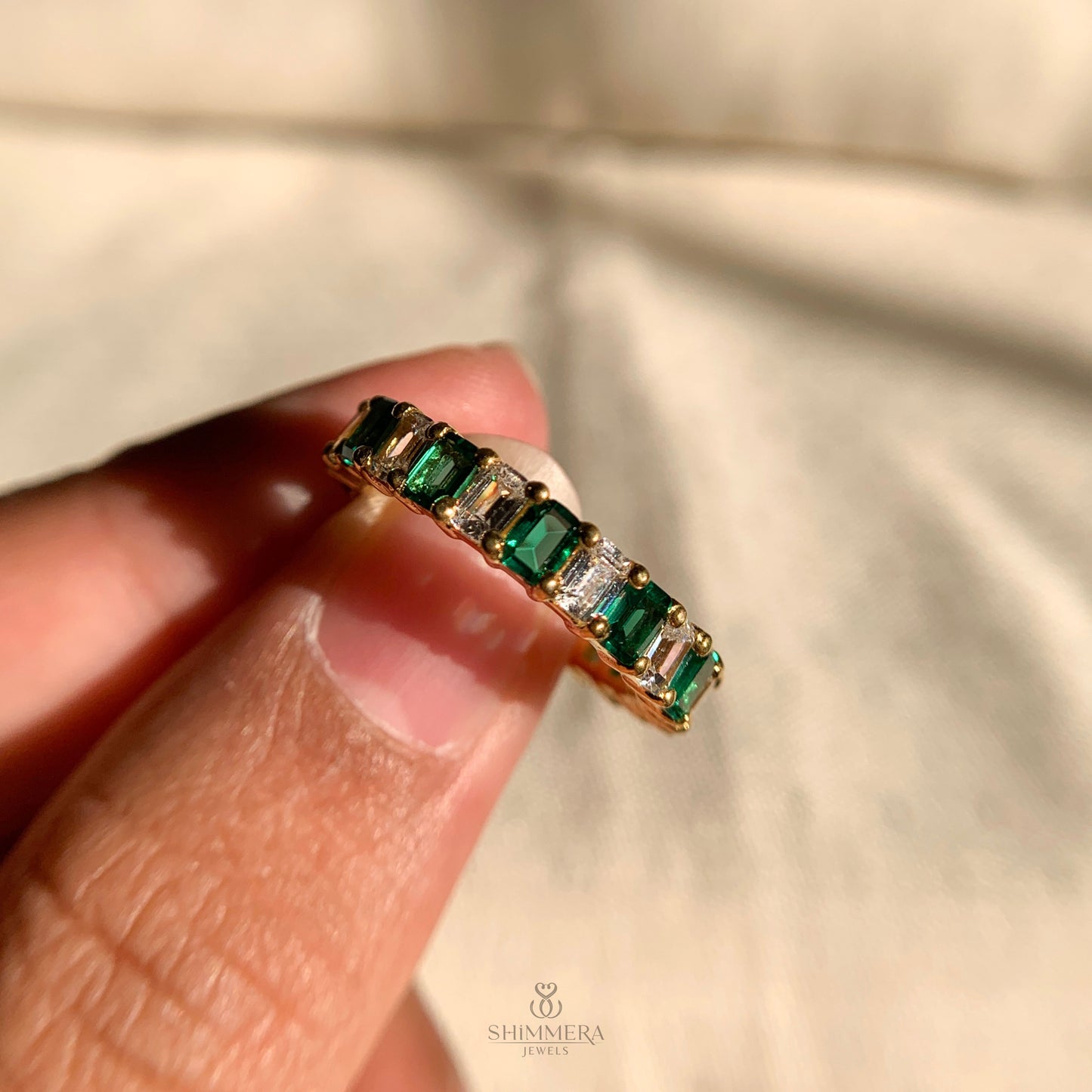 Luxury silver emerald cut diamond eternity band