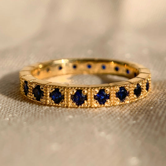 Blue Sapphire Gemstone Milgrain Channel Set Wedding Band