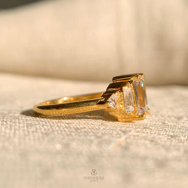 Elegant three stone emerald cut moissanite engagement ring for women