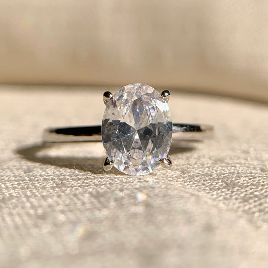 1.0 CT oval solitaire engagement ring in sterling silver on white background