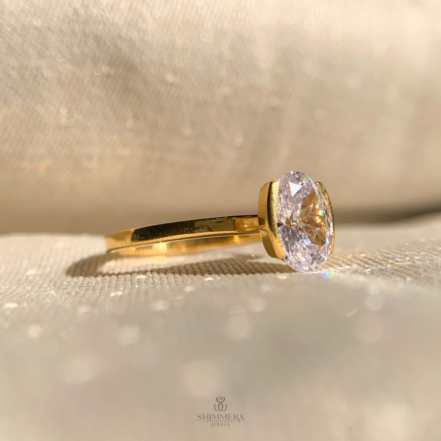 Oval Bezel Half Ring under 1 Ct in Gold & Diamond