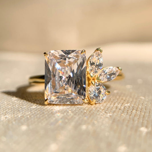 Radiant and Marquise Diamond Cluster Ring Yellow Gold