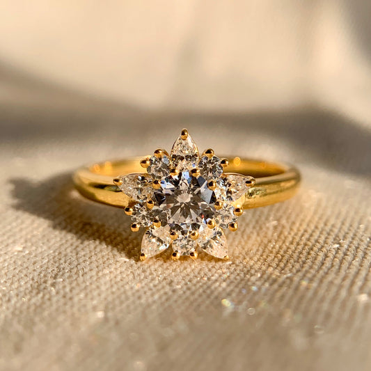 “Elegant yellow gold flower shaped cluster diamond ring for women”
