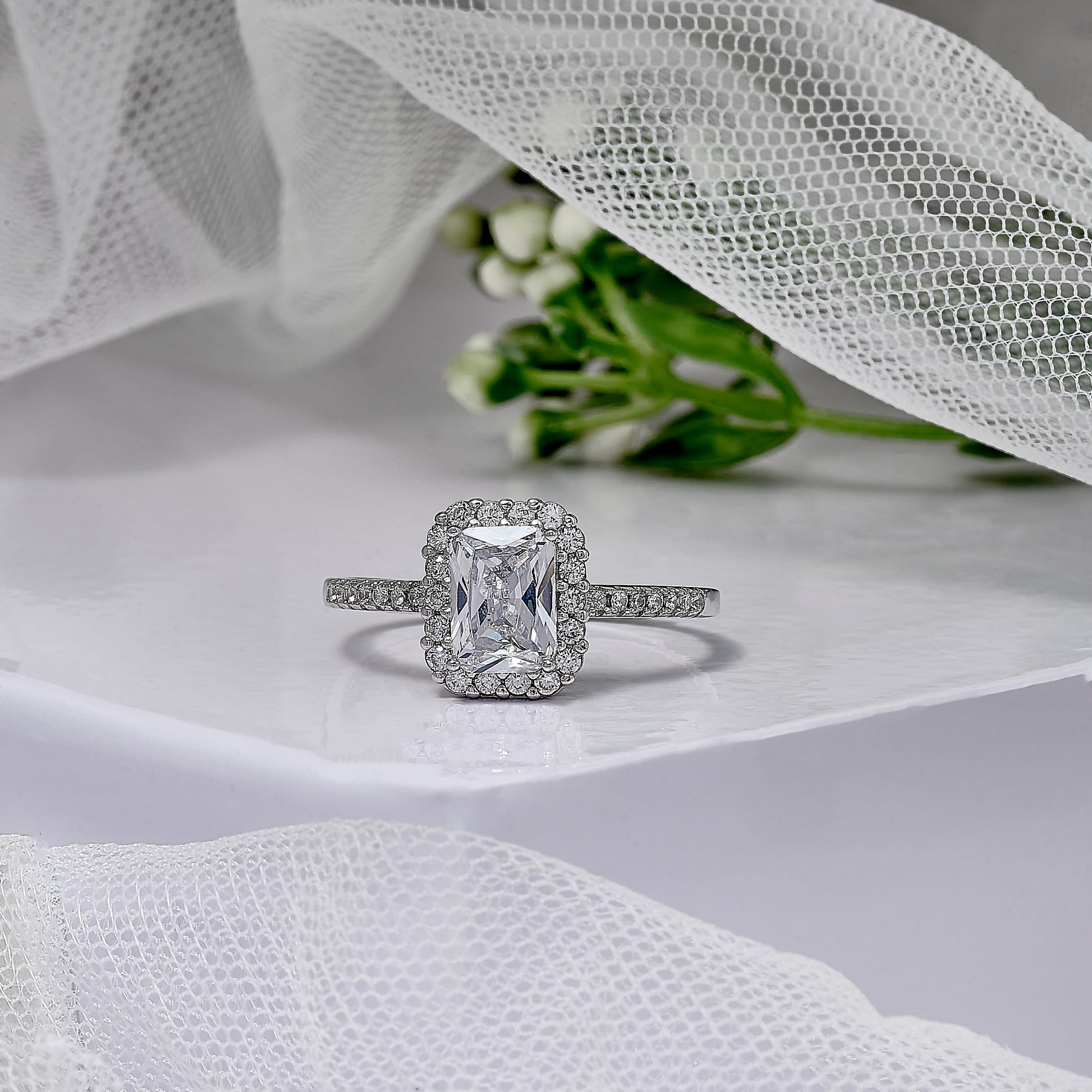 1 Carat Radiant Halo Engagement Ring in 14K White Gold