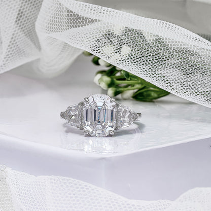 Emerald Cut Moissanite Diamond Three Stone Engagement Ring