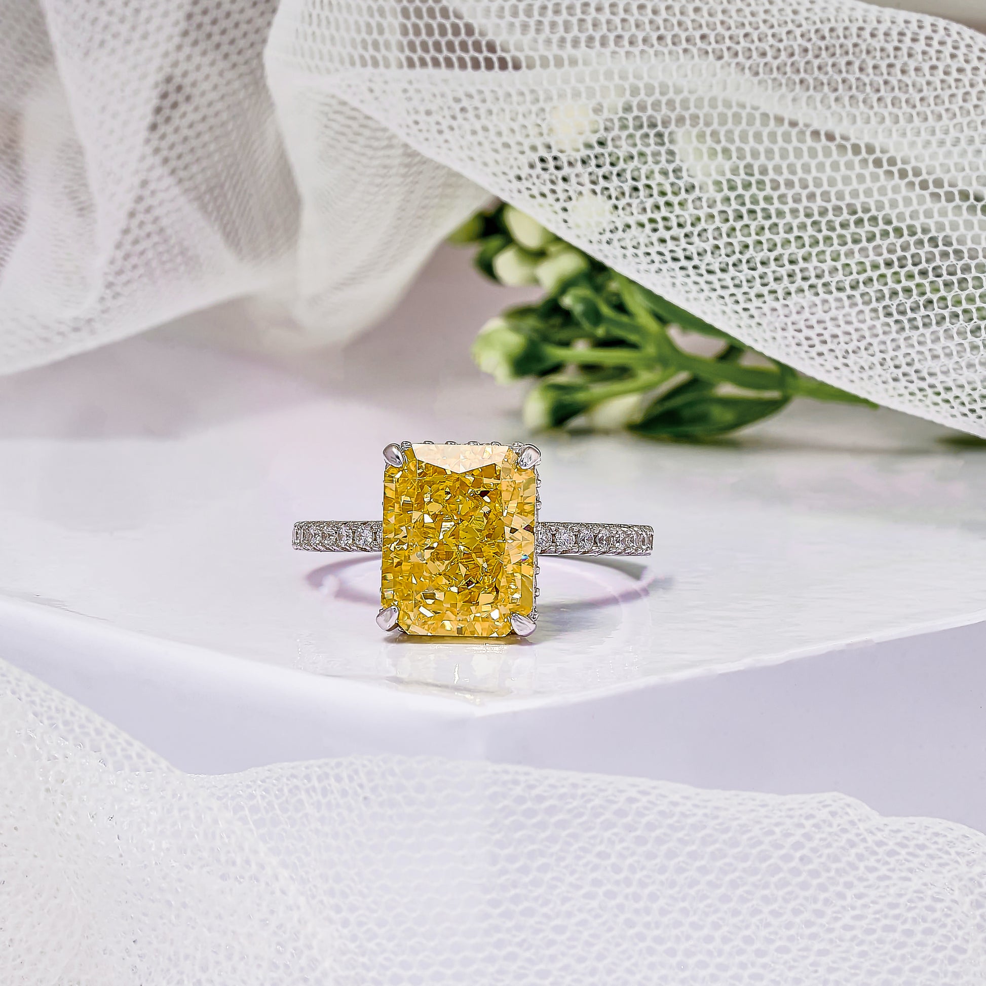 Yellow Radiant Cut Diamond Three-Stone Ring 