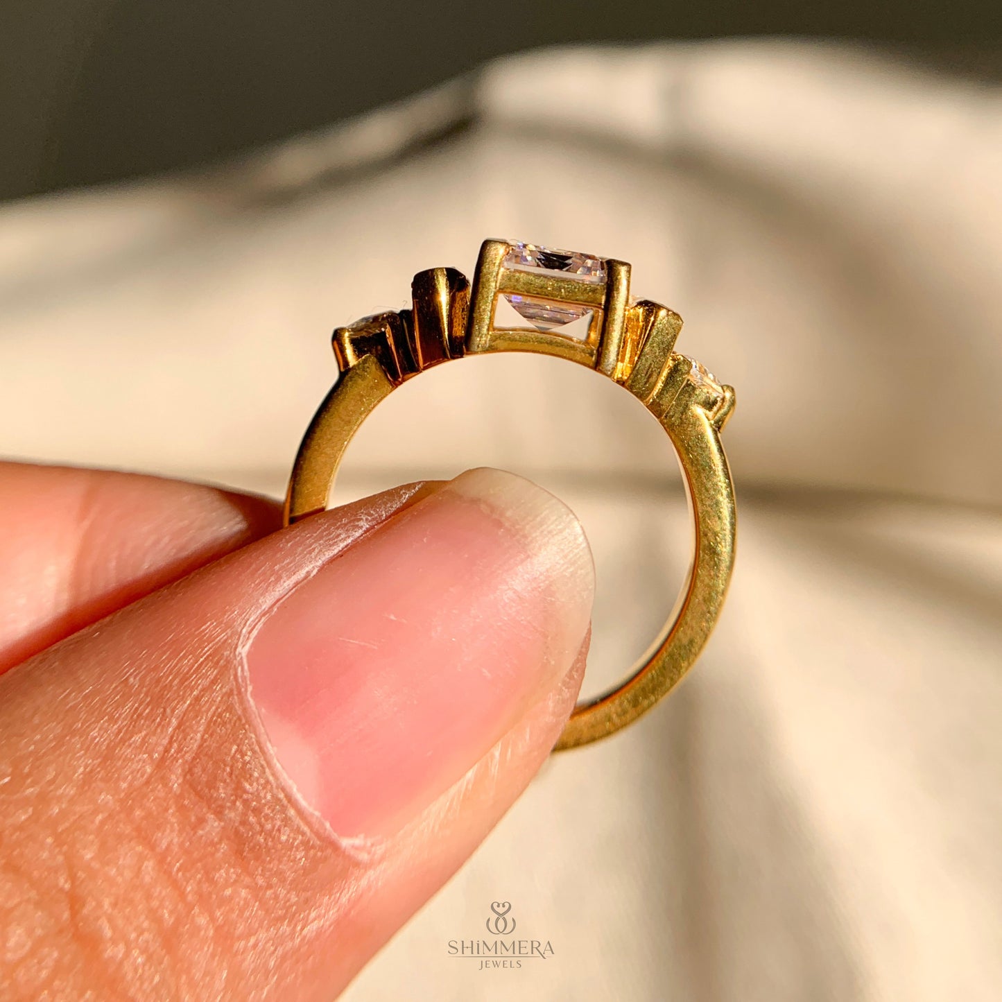 Emerald Cut Moissanite Three Stone Engagement Ring