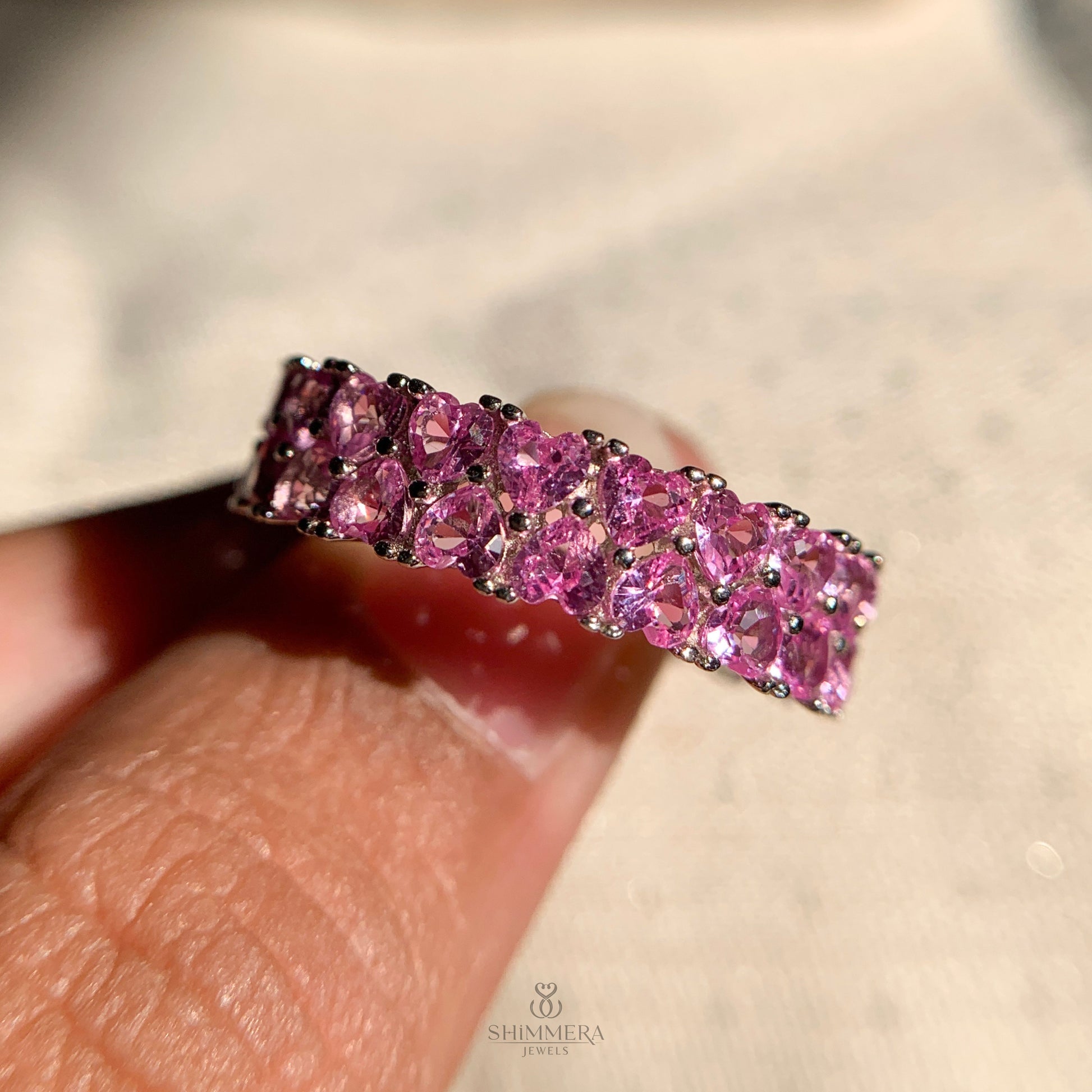 Sparkling pink heart cut diamond eternity band for her