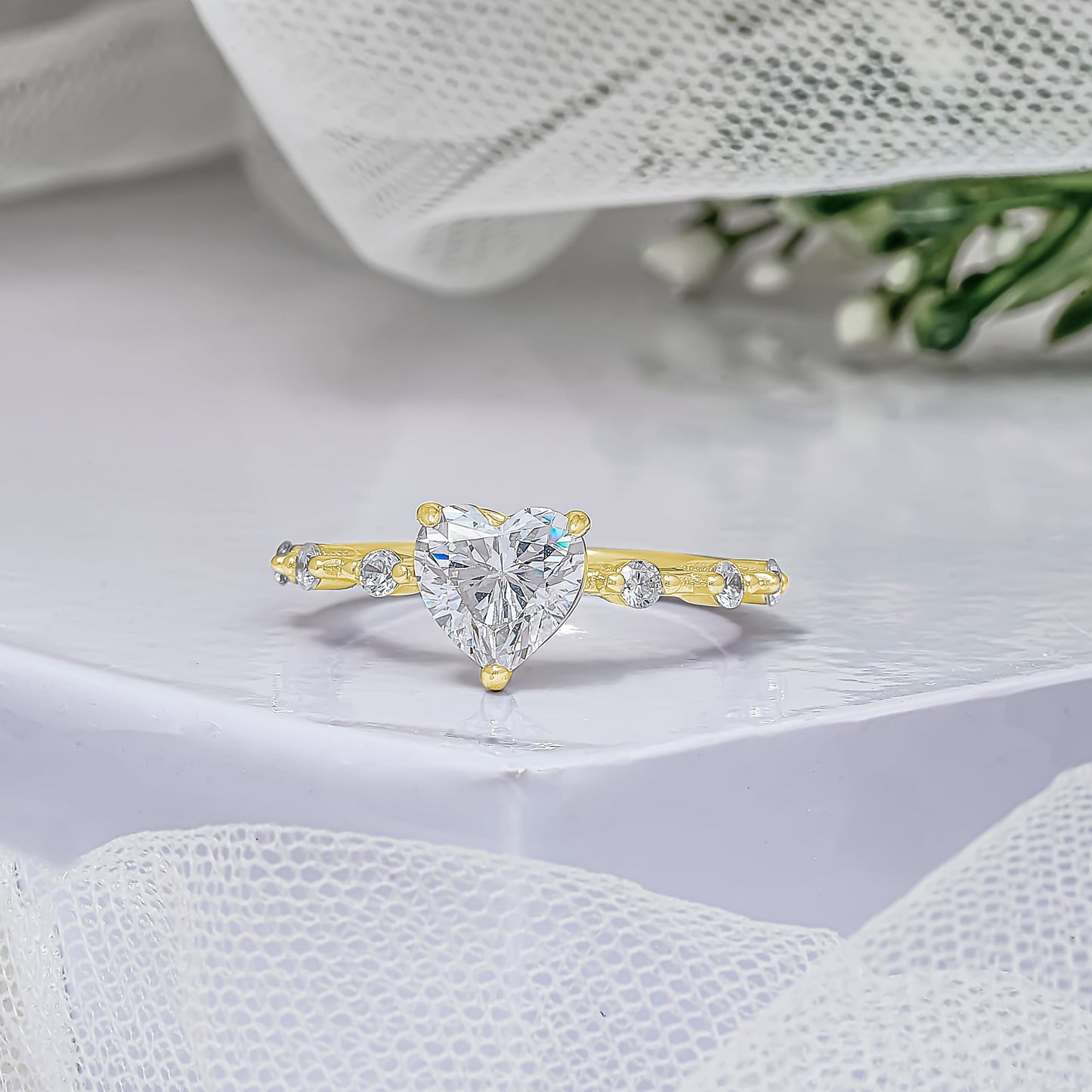 Halo Heart Diamond With Side Stone Engagement Ring 18K Yellow Gold 