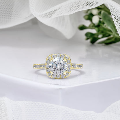 14K Yellow Gold Cushion Halo Round Diamond Engagement Ring