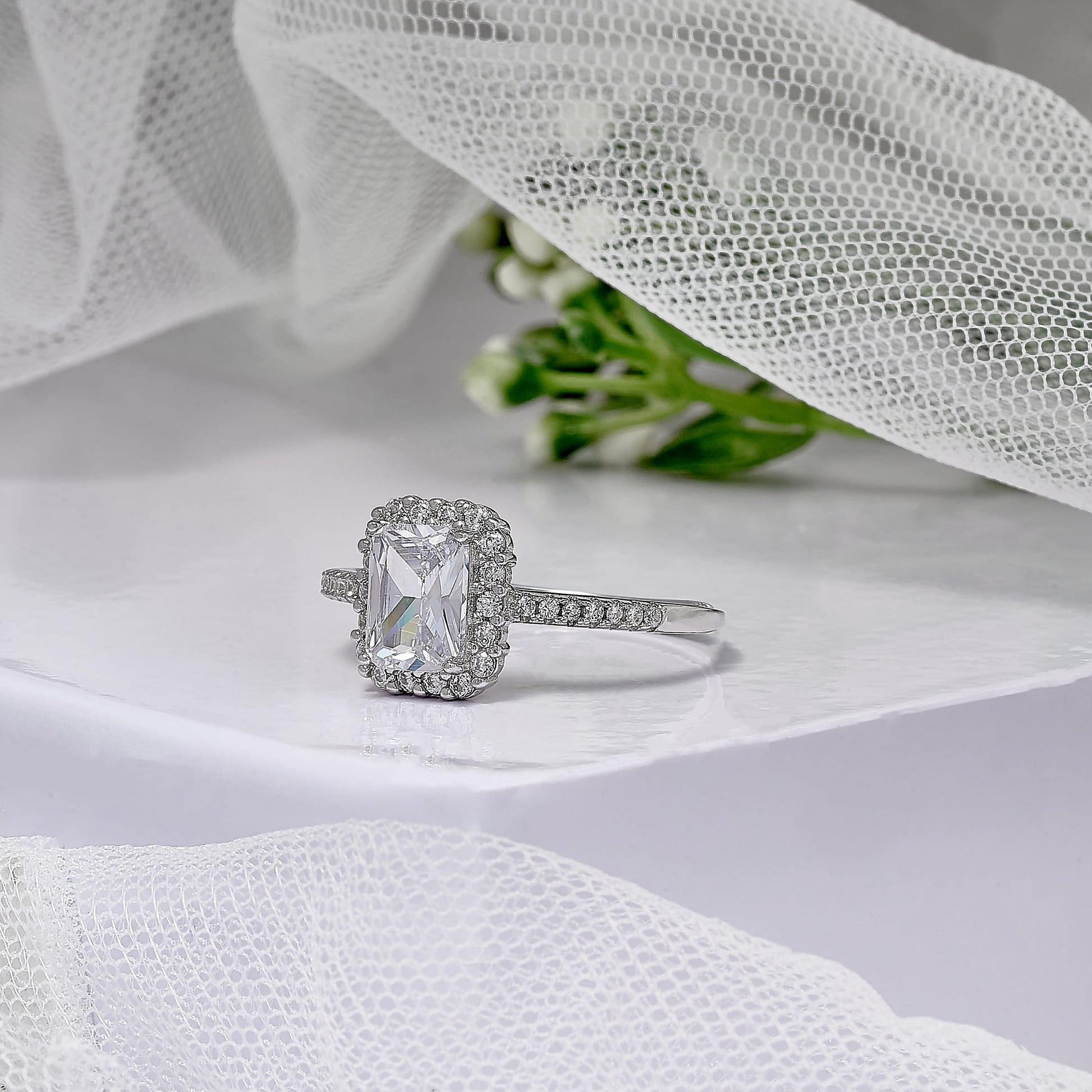 Emerald Cut Diamond, Cathedral Halo Setting Ring