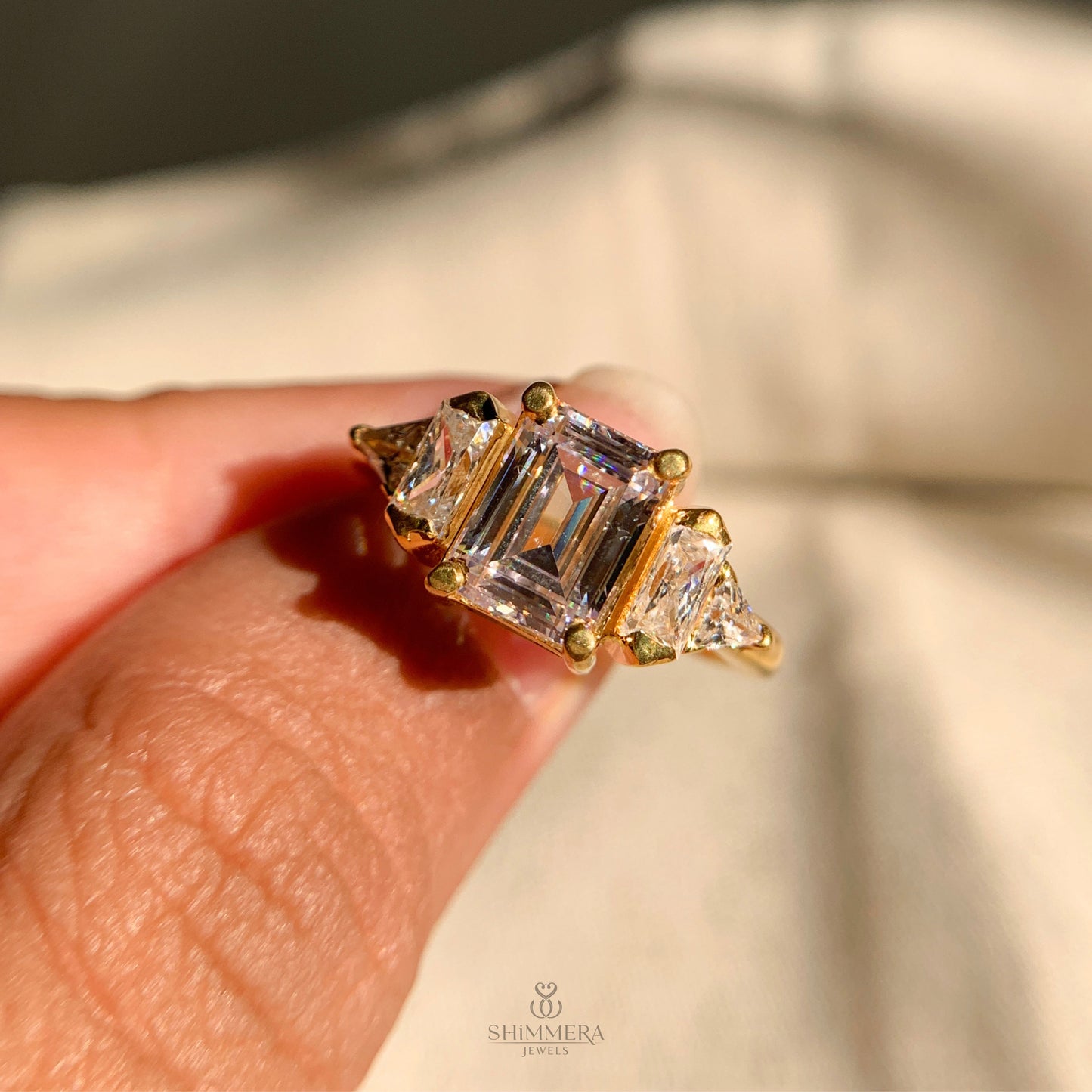 Emerald Cut Moissanite Three Stone Engagement Ring