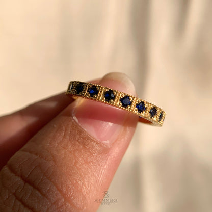 Blue Sapphire Gemstone Milgrain Channel Set Wedding Band