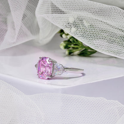 Pink Emerald cut Three Stone Diamond Engagement Ring