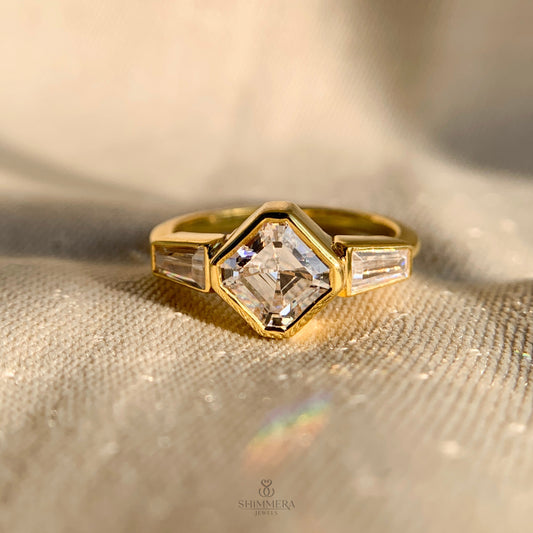 Asscher and Baguette Bezel Set Three Stone Engagement Ring