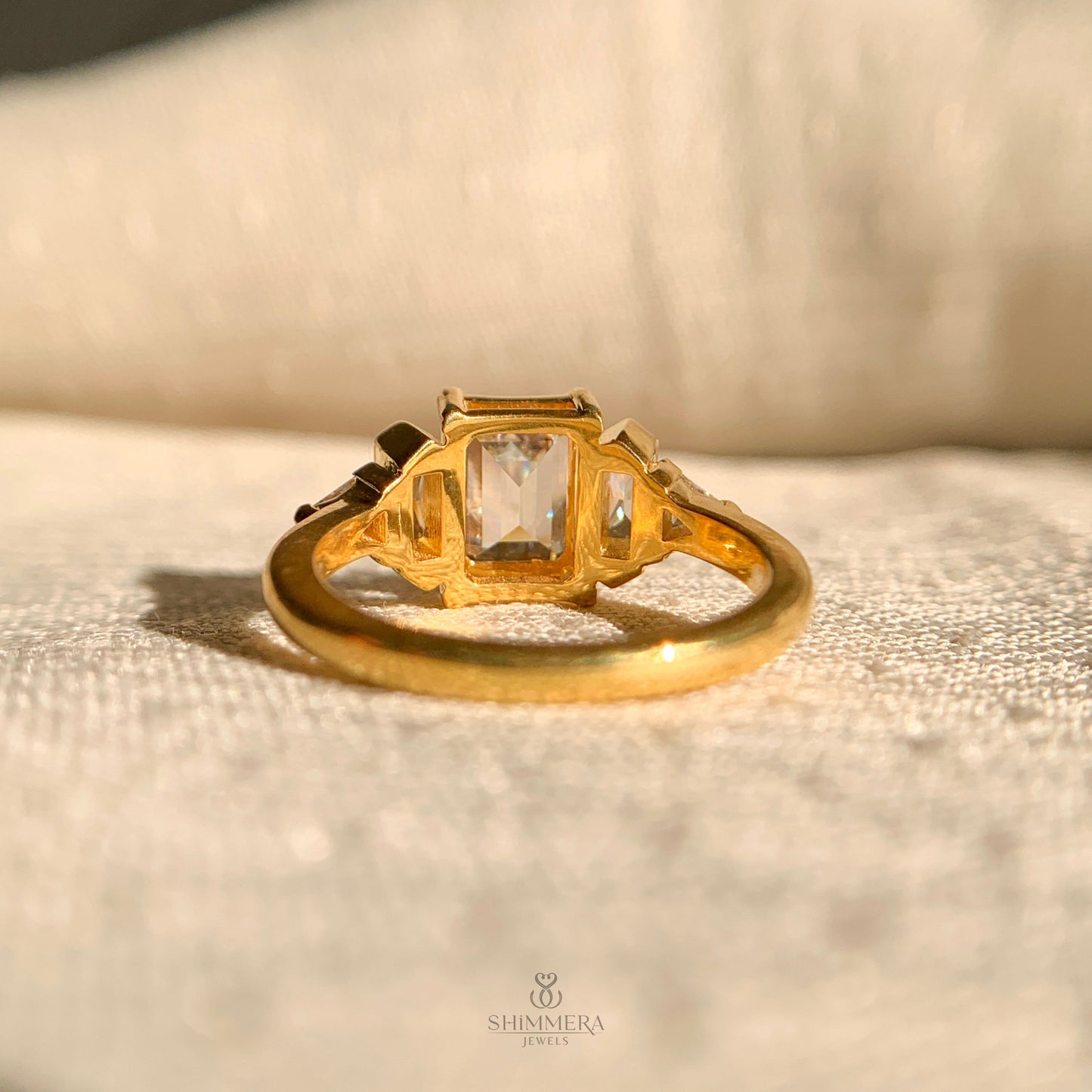 Emerald Cut Moissanite Three Stone Engagement Ring