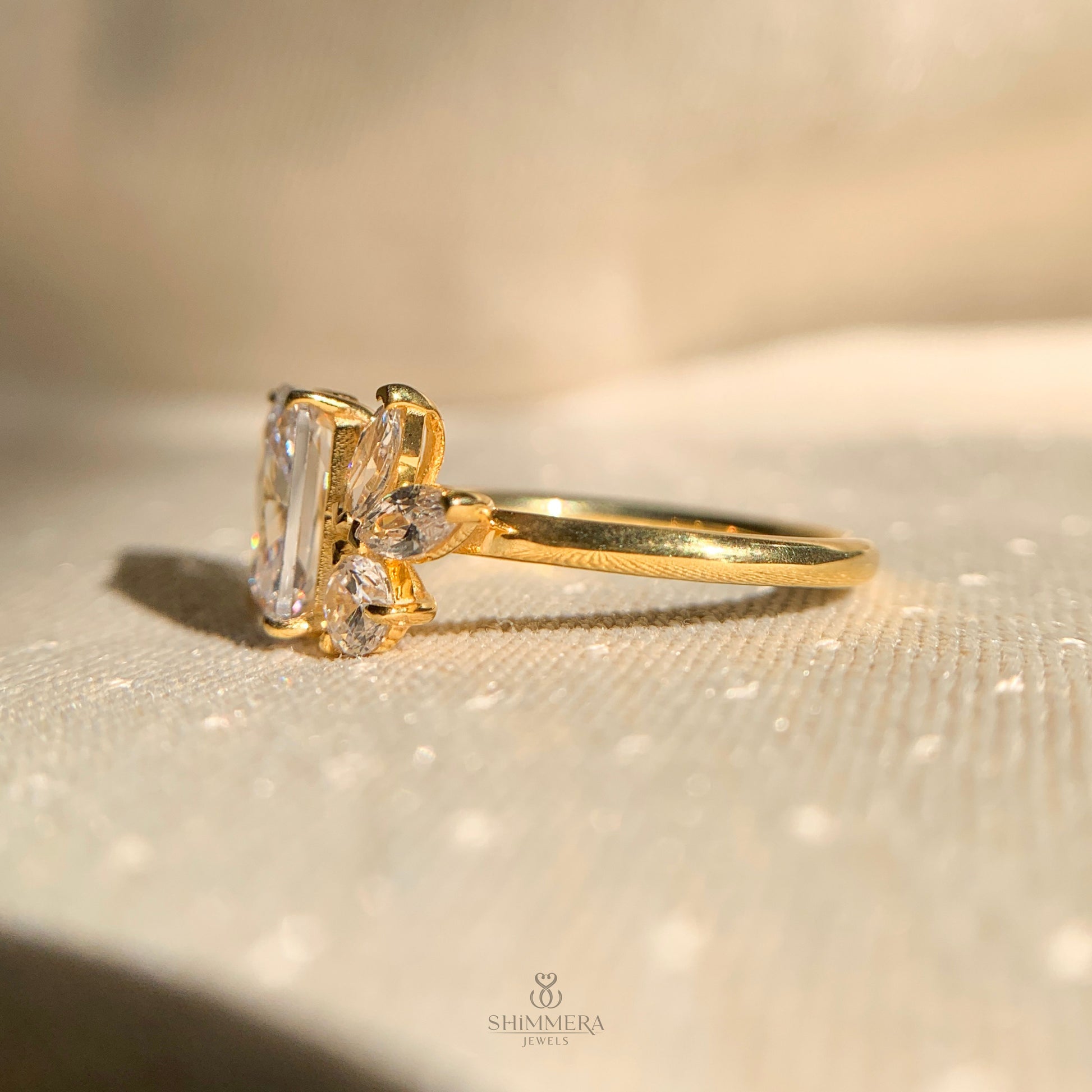 Minimalist emerald cut moissanite engagement ring in platinum finish