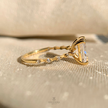 Timeless radiant cut diamond engagement ring flanked by side stones
