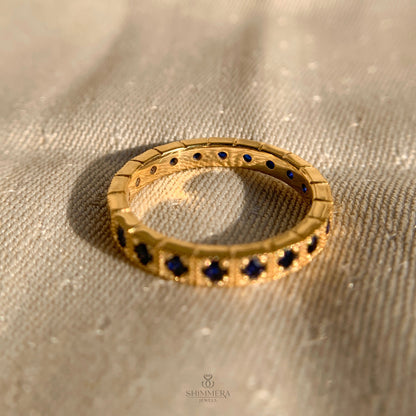 Blue Sapphire Gemstone Milgrain Channel Set Wedding Band