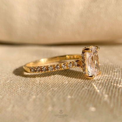 Timeless radiant cut moissanite ring with under-halo diamond detail