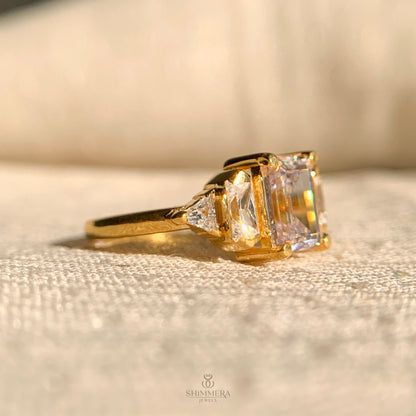 Emerald Cut Moissanite Three Stone Engagement Ring