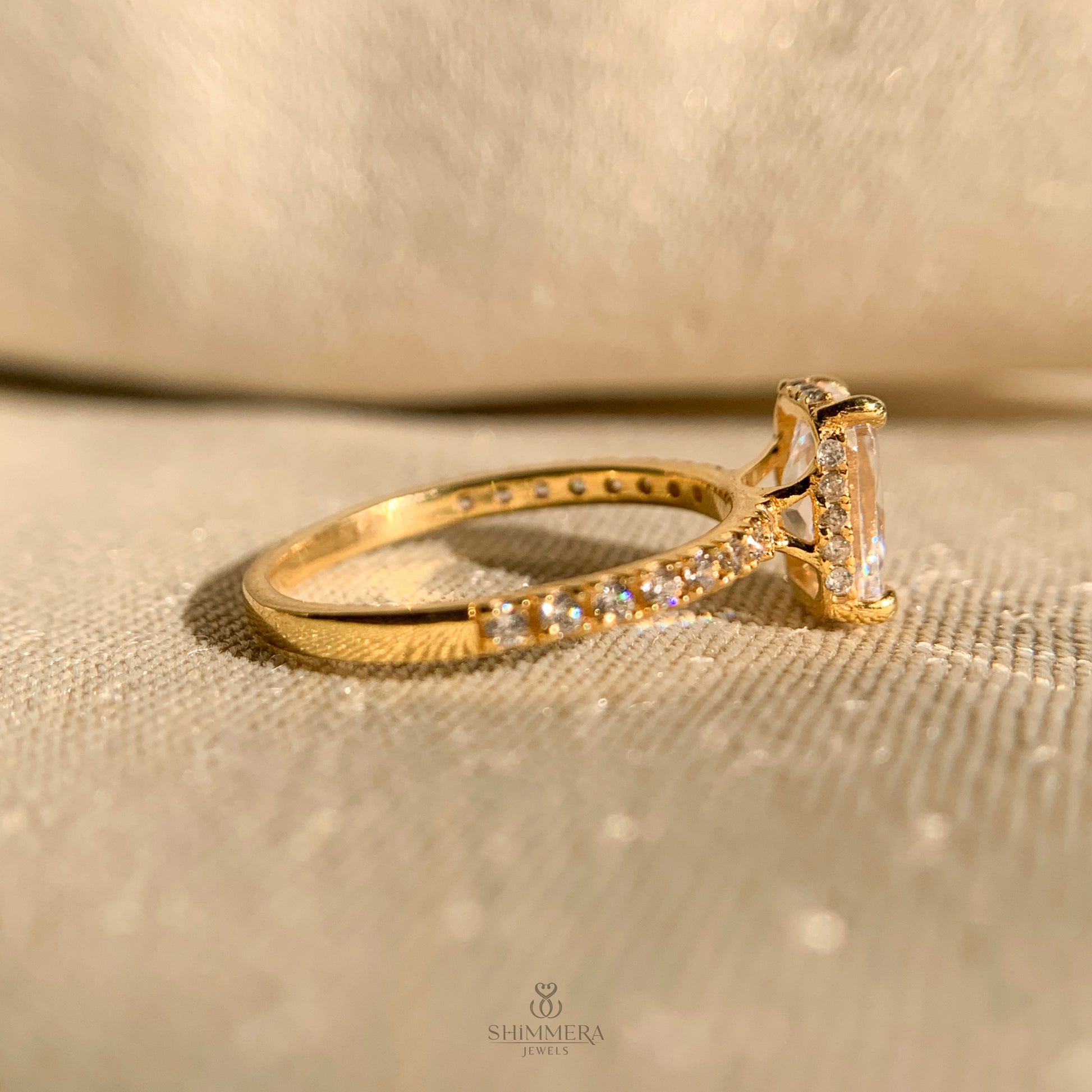 Modern radiant moissanite engagement ring with sleek hidden halo