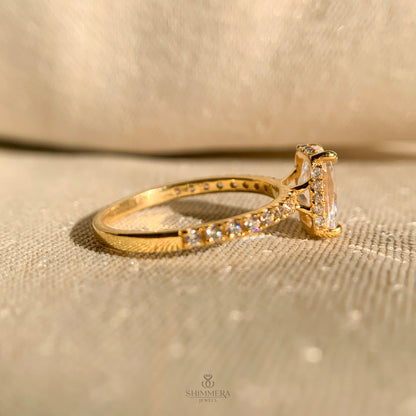 Modern radiant moissanite engagement ring with sleek hidden halo