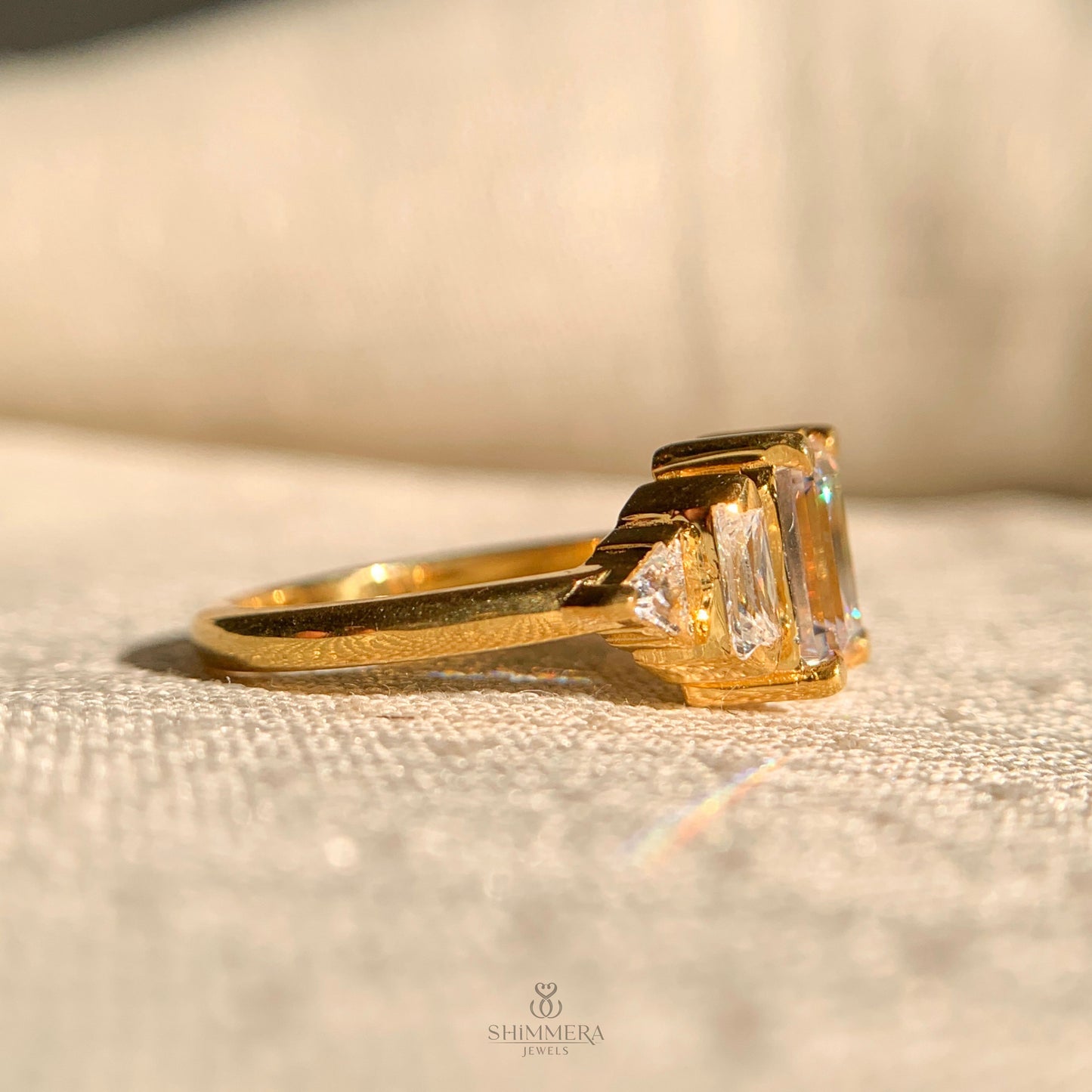Emerald Cut Moissanite Three Stone Engagement Ring