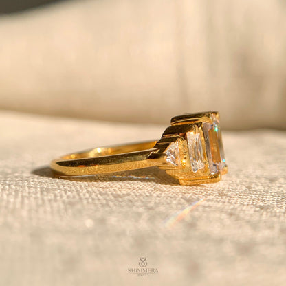 Emerald Cut Moissanite Three Stone Engagement Ring