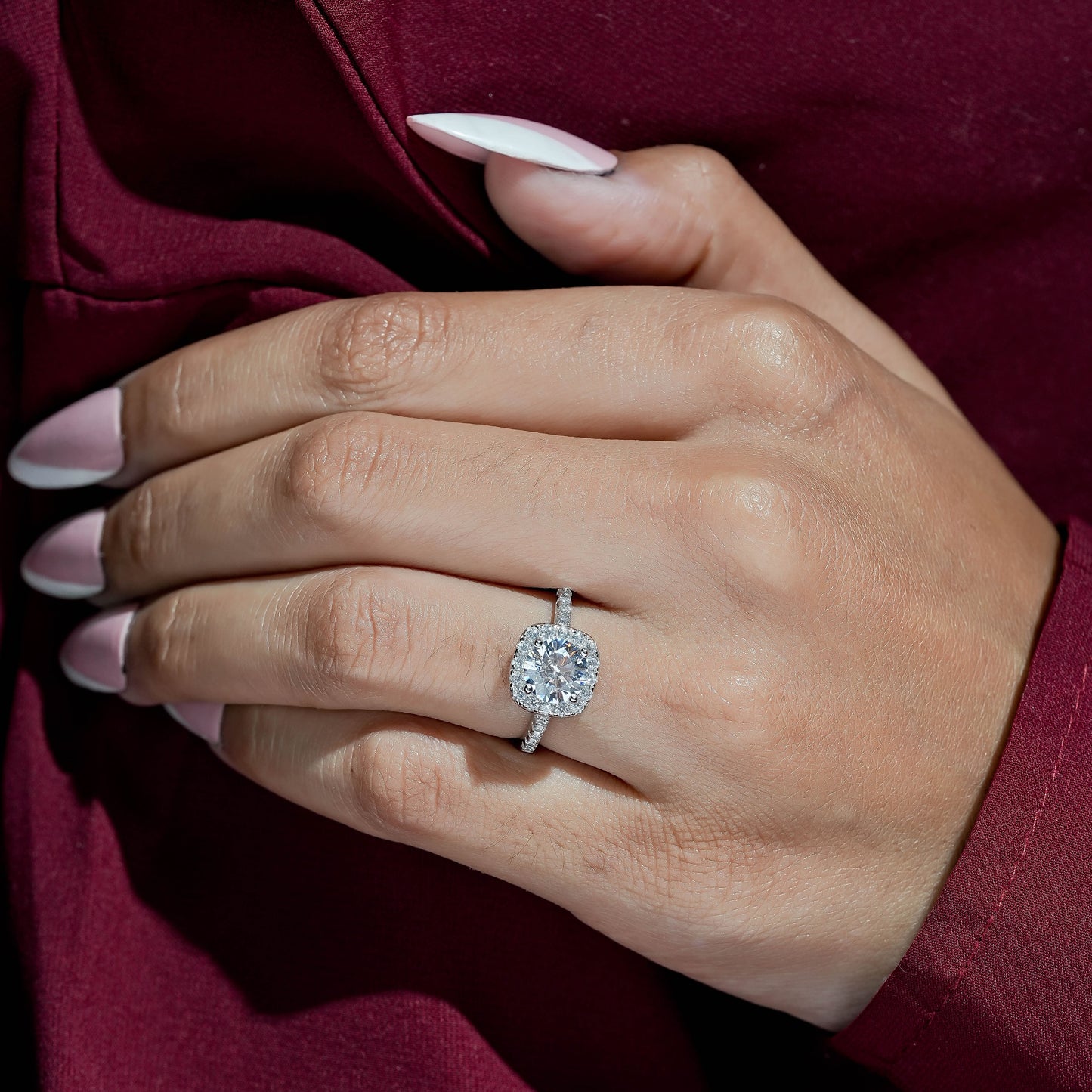 Cushion Cut with Round Cut Halo Pave Diamond Engagement Ring