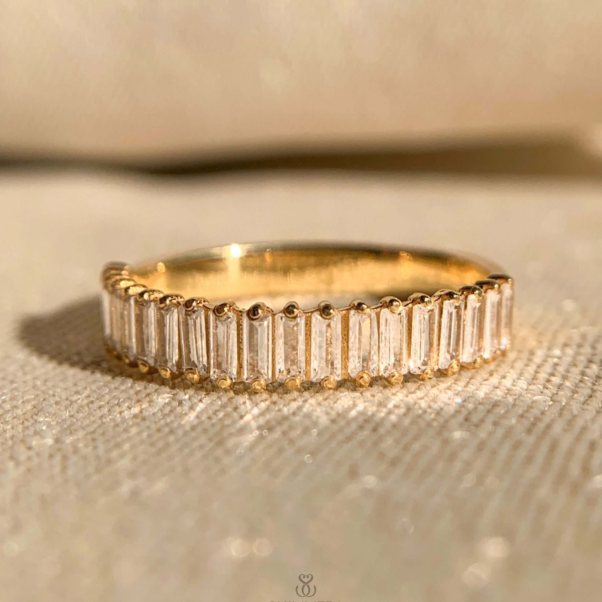 “Moissanite baguette diamond half eternity band in 14k white gold for women”