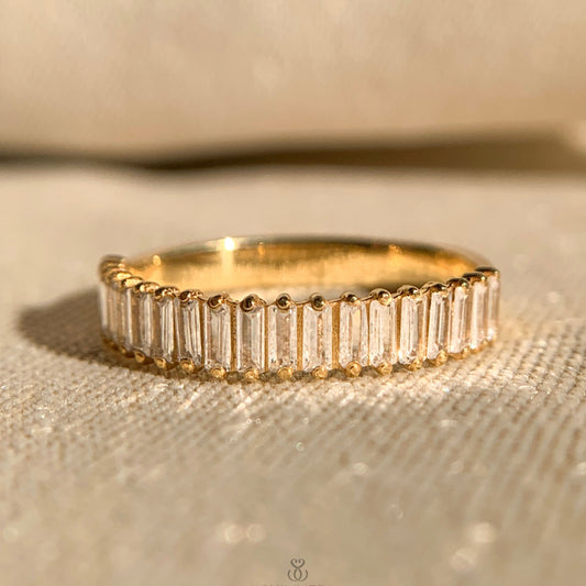 “Moissanite baguette diamond half eternity band in 14k white gold for women”