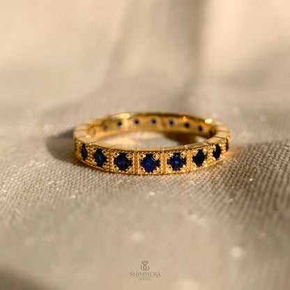 Blue Sapphire Gemstone Milgrain Channel Set Wedding Band