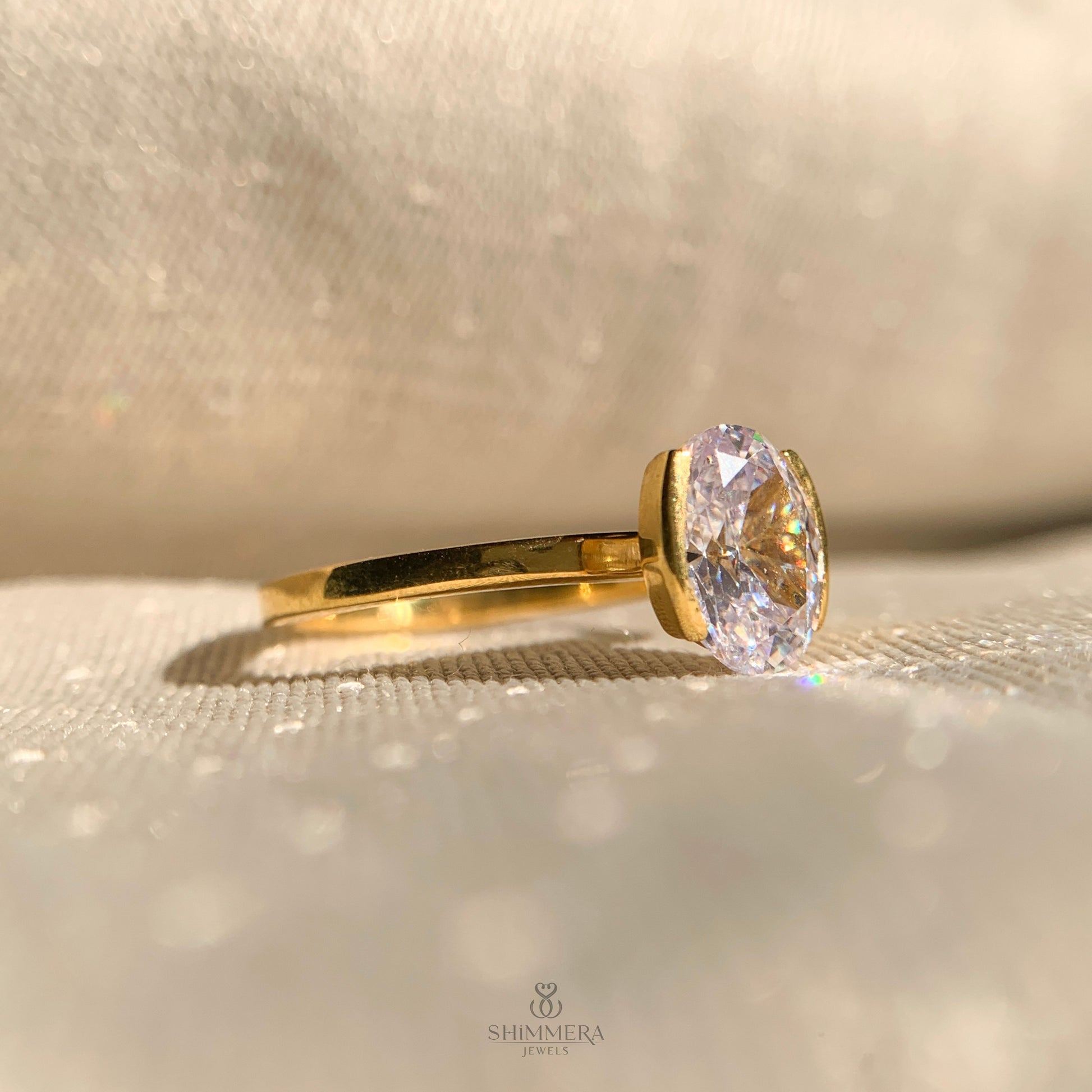 Oval Bezel Half Ring under 1 Ct in Gold & Diamond