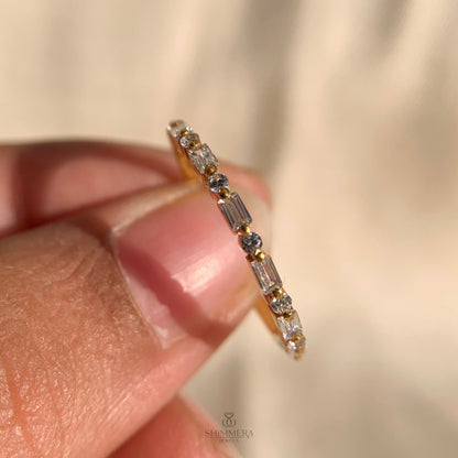 East West Baguette And Round Diamond Band In Gold