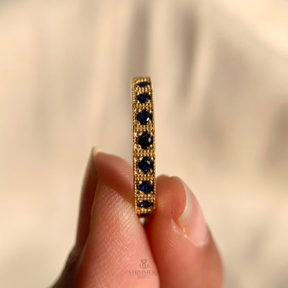 Blue Sapphire Gemstone Milgrain Channel Set Wedding Band