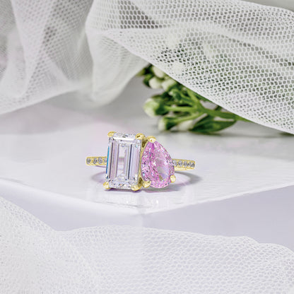 Pear and Pink Emerald Cut lab grown Two Stone Wedding Ring