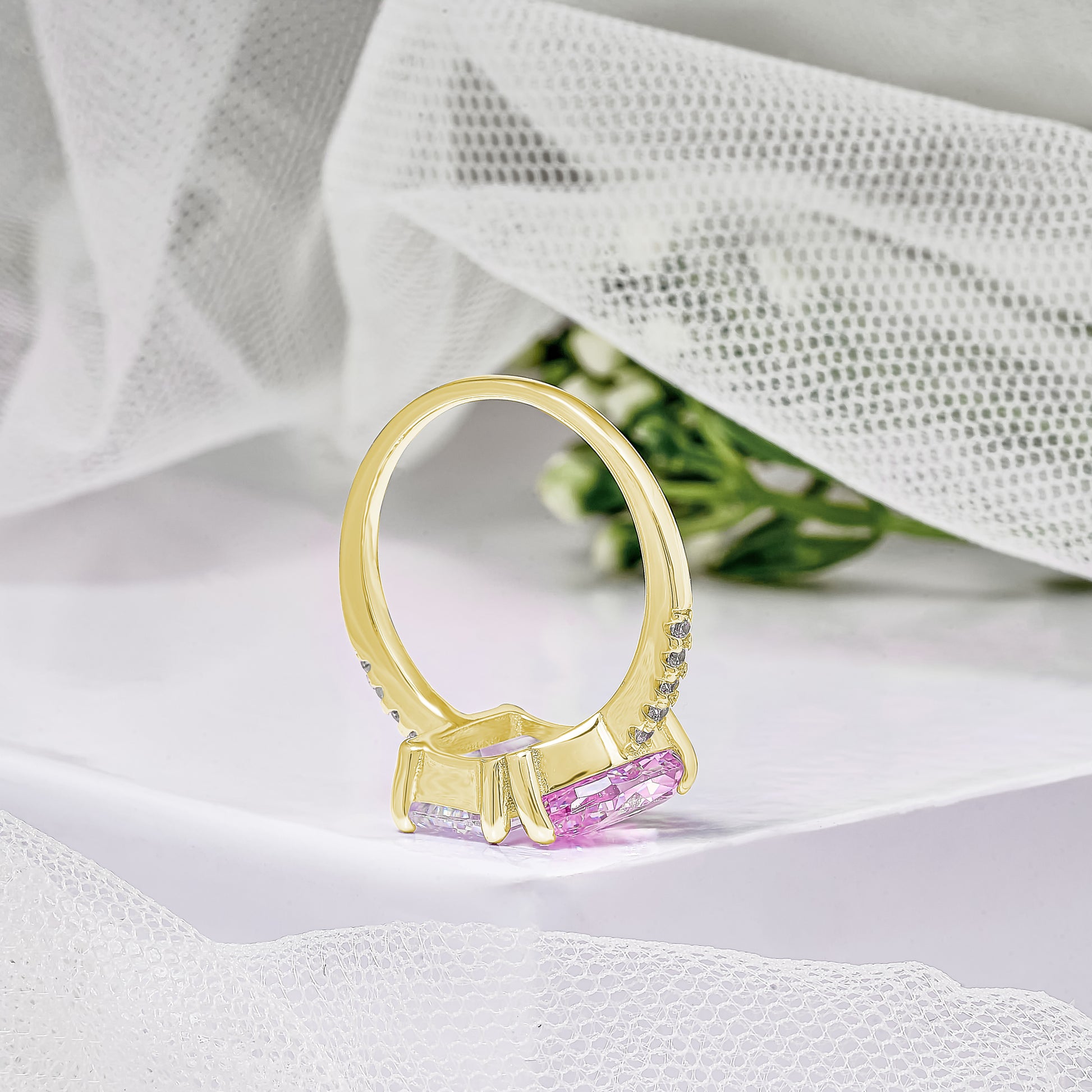 Pink Sapphire Emerald & Pear Cut Ring Toi Et Moi Engagement Ring