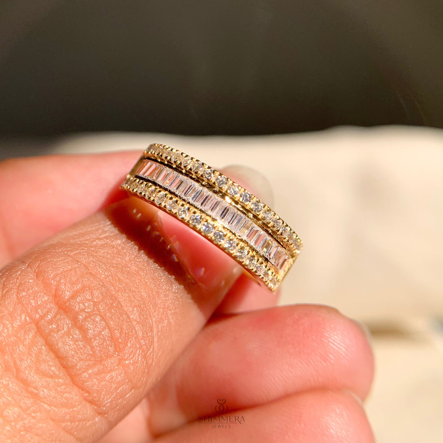 Modern round and baguette cut diamond half eternity ring for brides