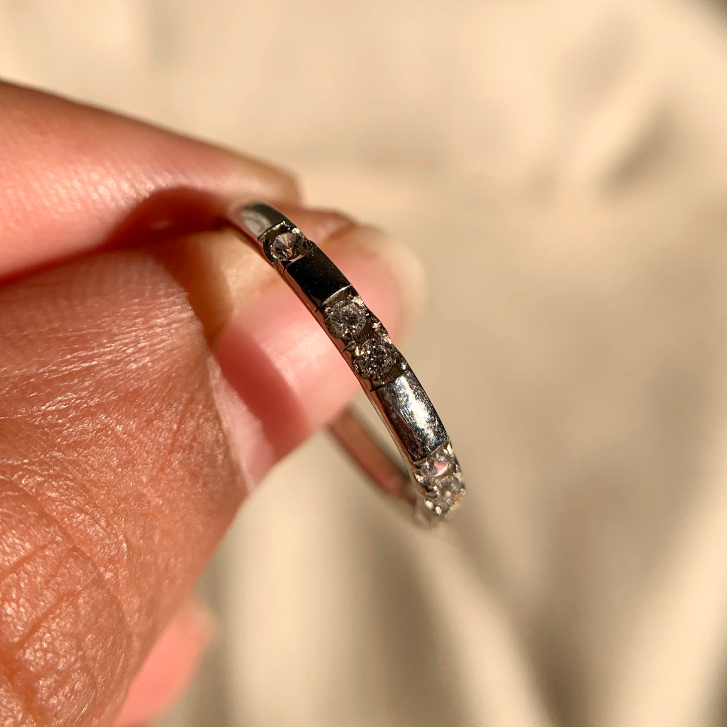 Timeless 14k solid gold wedding band featuring round cut diamonds