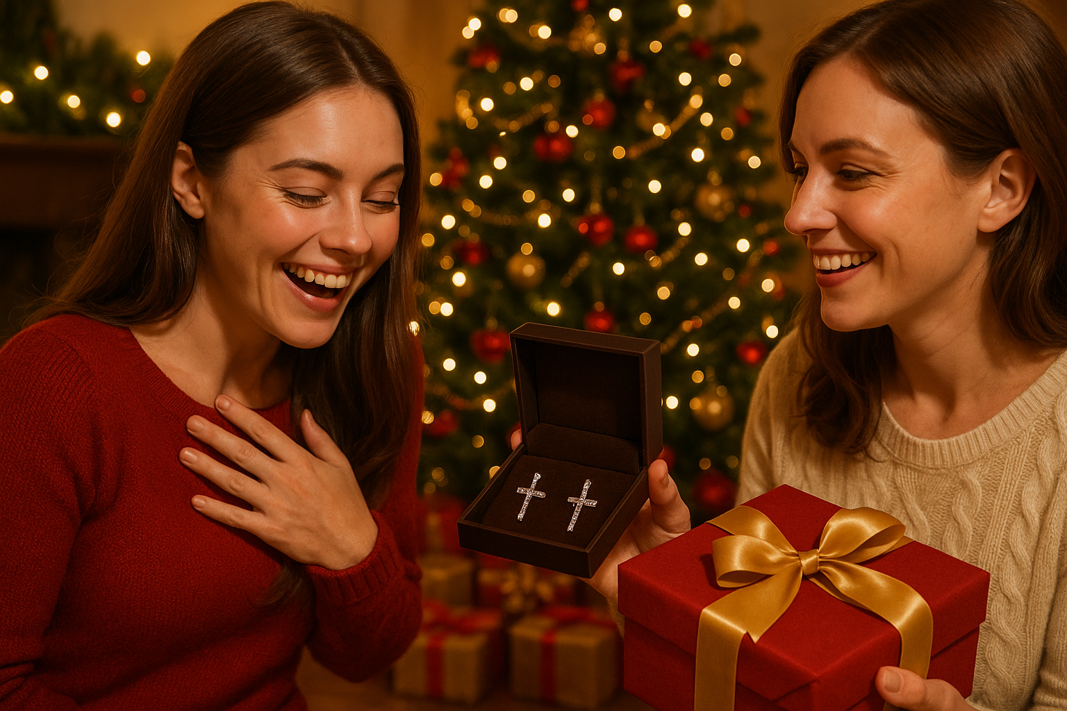 create an image for Christmas day celebration. A person is gifting her friend with cross diamond earring in jewelry box
